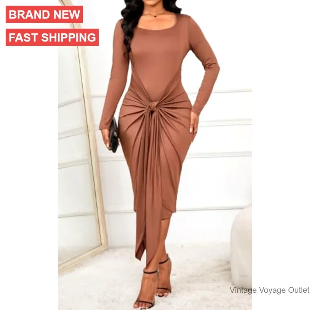 Long Sleeve Bodycon Midi Dress Wrap Tie Square Neck Party Dress - Picture 5 of 7